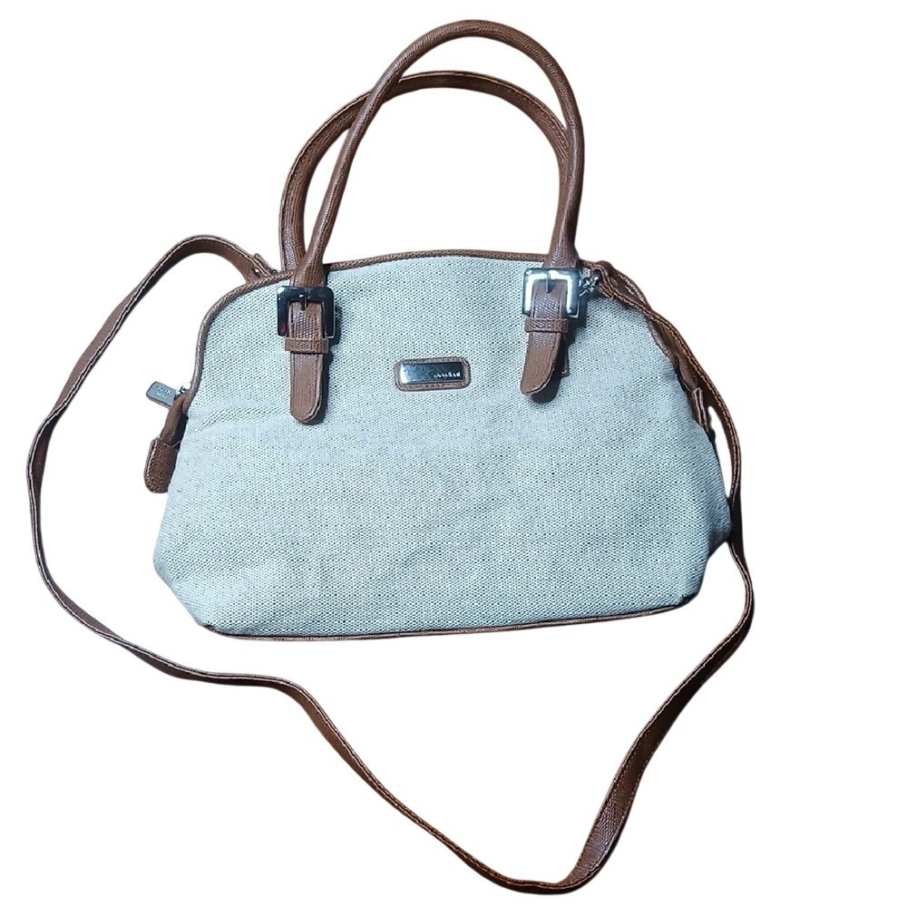 Mondani Satchel Bag Women Medium Beige Brown Canvas Faux Lizard Crossbody Strap